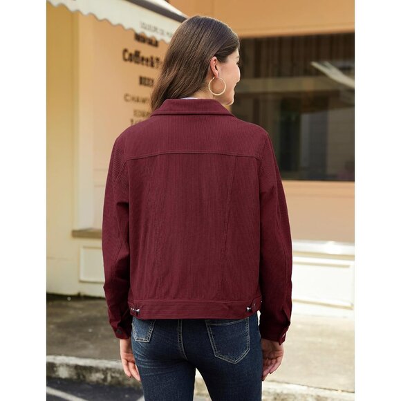 Women Wine Red Corduroy Cropped Shacket Button Down Long Sleeve Casual Coat - Picture 4 of 6